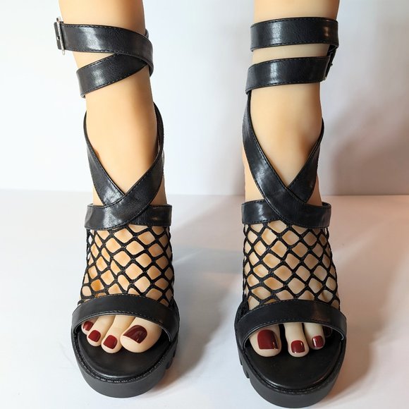 Cape Robbin Black Netted Strappy Chunky High Heels - Picture 3 of 13
